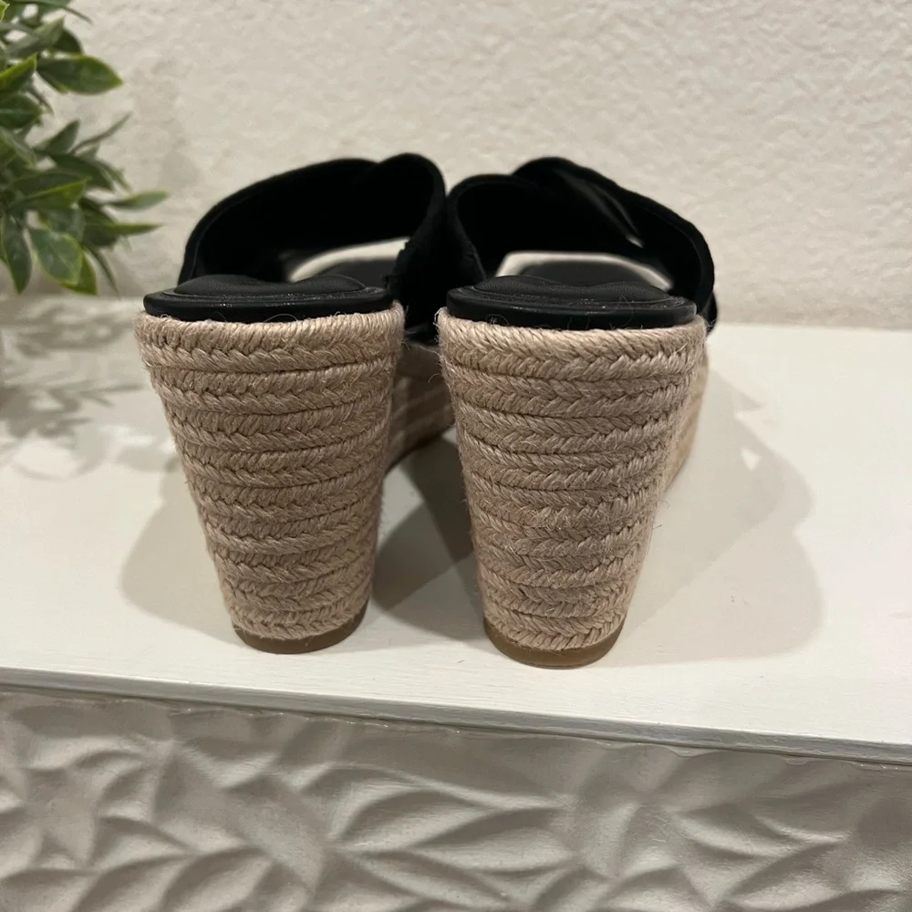 DKNY Black Suede Crisscross Espadrille Wedge Sandals